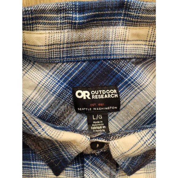 Outdoor Research Mens Large Sandpoint Flannel Blue white plaid chest pocket - Picture 2 of 10